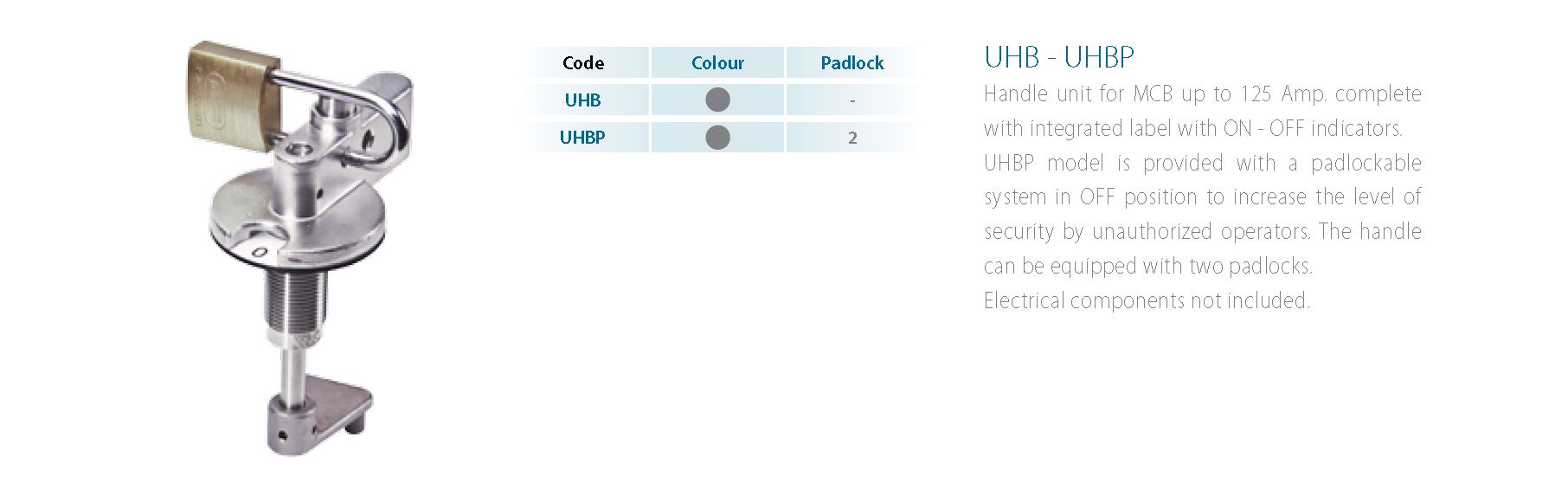 UHB - UHBP Handle unit for MCB up to 125 Amp. complete with integrated label with ON - OFF indicators.